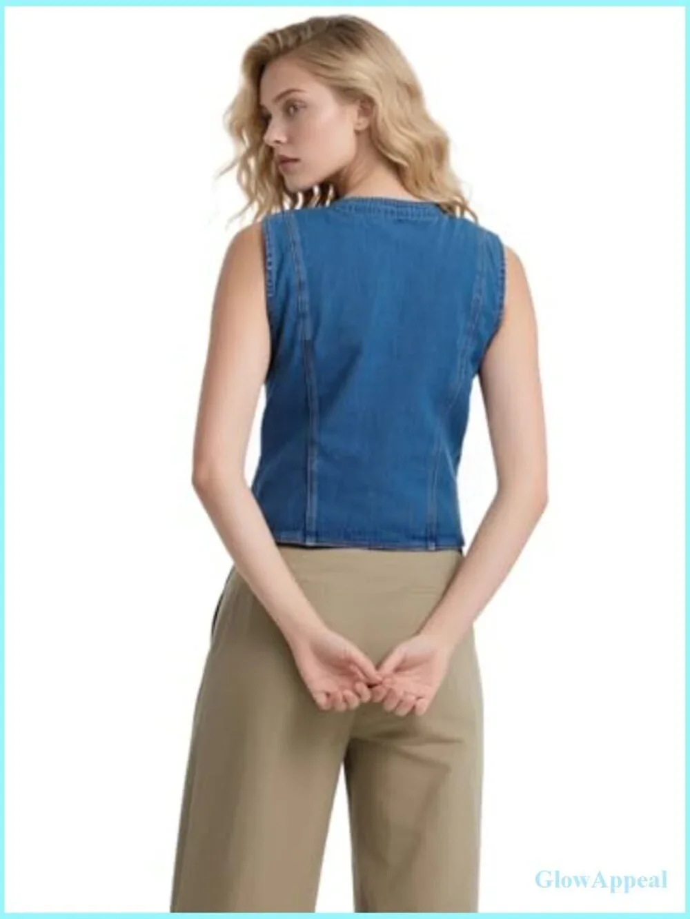 Denim Sleeveless Casual Vest, V Neck Button Front with Pockets